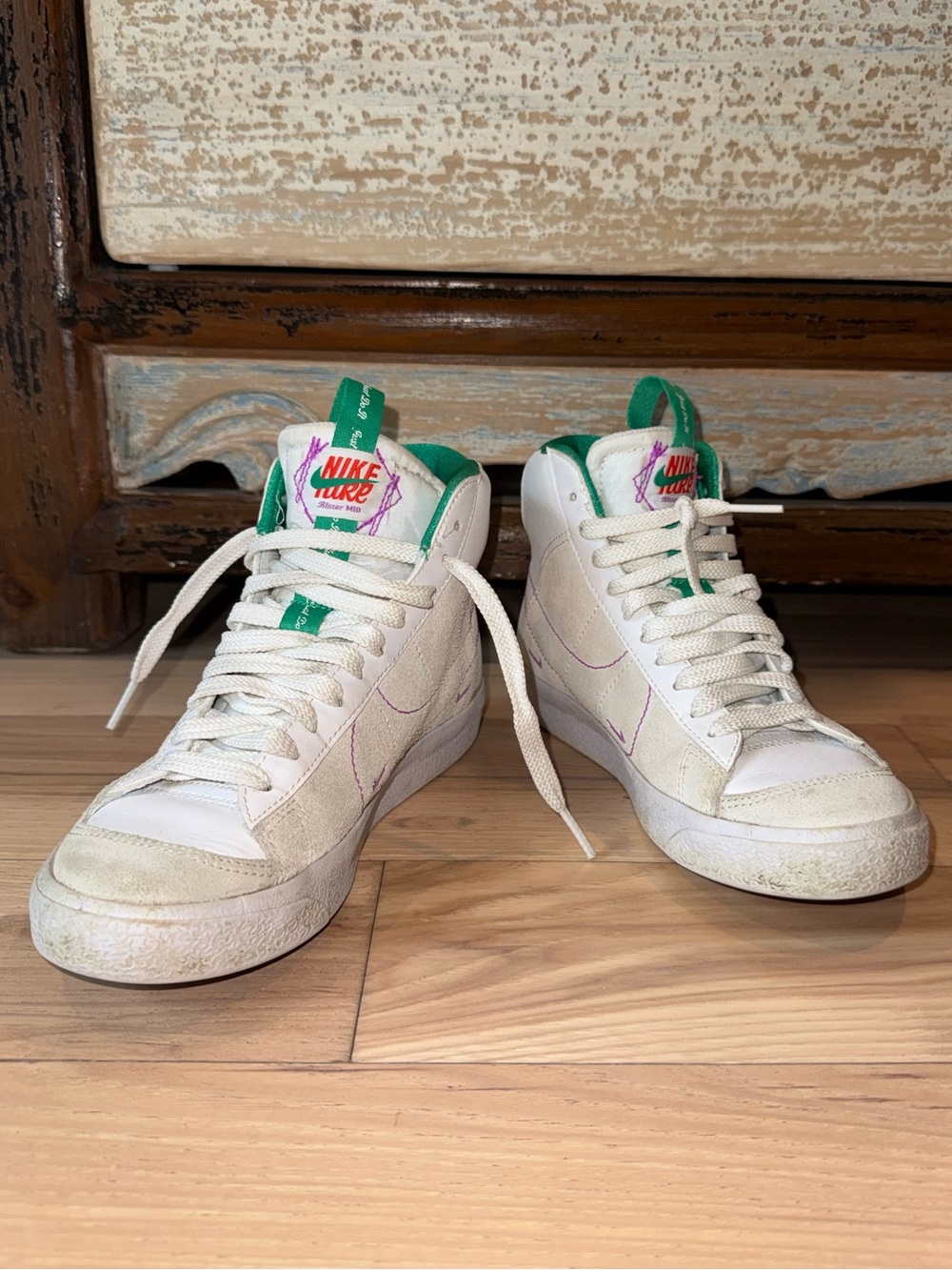 Nike Kids High-Top Sneakers in White with Green and Pink Accents
